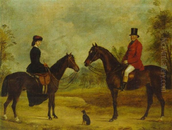 William Pierce Hayward And His Daughter Jane Pierce Hayward On Their Hunters In A Wooded Landscape - view 1