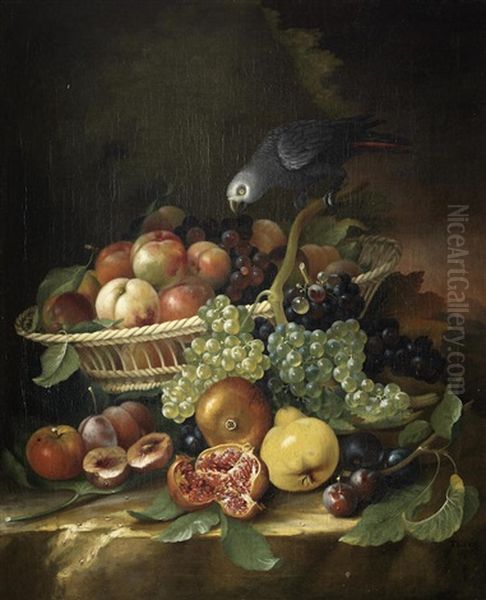 Pomegranates, Plums, Grapes And A Basket Of Fruit On A Stone Ledge With A Parrot - view 1