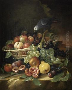 Pomegranates, Plums, Grapes And A Basket Of Fruit On A Stone Ledge With A Parrot by Thomas Keyse