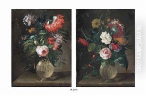 A Rose, A Marigold, Convolvulus And Other Flowers In A Glass Vase On A Stone Ledge And A Rose, A Poppy, Buttercups And Other Flowers (pair) A Rose, A Marigold, Convolvulus And Other Flowers In A Glass Vase On A Stone Ledge And A Rose, A Poppy, Buttercups And Other Flowers (pair)