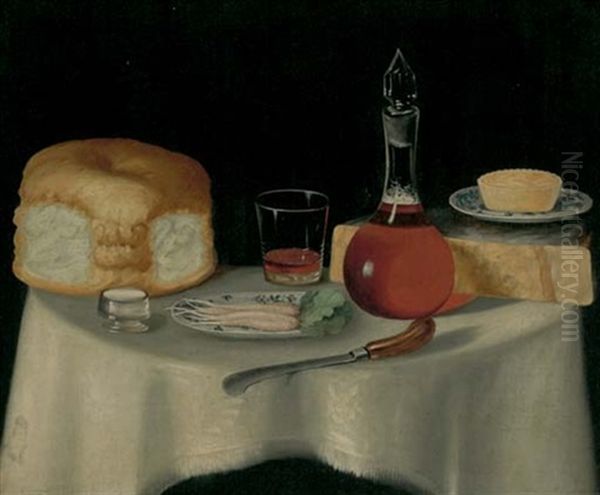 A Still Life With Bread, Cheese, A Pie, Radishes In A Dish, And A Decanter Of Ale, On A Table - view 1