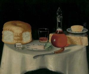 A Still Life With Bread, Cheese, A Pie, Radishes In A Dish, And A Decanter Of Ale, On A Table