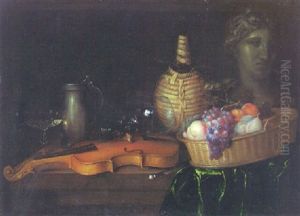 A Glass Of Wine, A Violin And Violin Bow, A Pewter Jug, An Upturned "roemer" And A Marble Bust On A Partly Draped Table by Thomas Keyse