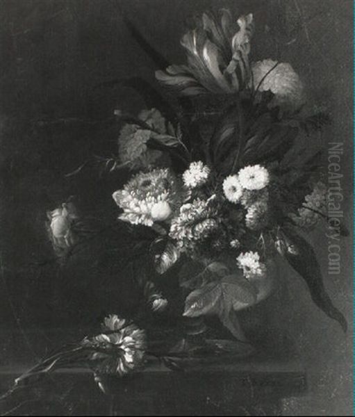 A Still Life Of A Tulip, Marigolds, Roses And Other Flowers In A Vase On A Ledge - view 1