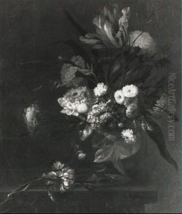 A Still Life Of A Tulip, Marigolds, Roses And Other Flowers In A Vase On A Ledge A Still Life Of A Tulip, Marigolds, Roses And Other Flowers In A Vase On A Ledge