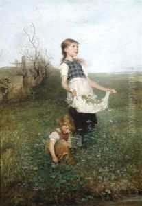 Zwei Junge Madchen Beim Blumenpflucken by Emil Keyser
