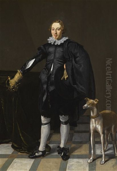 Portrait Of A Gentleman, Full-length, Holding His Sword And A Hat, With A Dog In An Interior - view 1