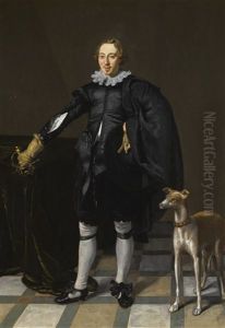 Portrait Of A Gentleman, Full-length, Holding His Sword And A Hat, With A Dog In An Interior by Thomas De Keyser