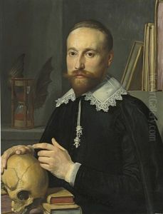 Portrait Of A Gentleman, Half-length, In A Black Coat And White Lace Collar, With A Skull