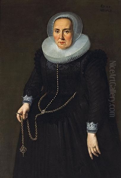 A Portrait Of A Lady, In A Black Dress With An Embroidered Bodice, Lace Cuffs And Collar, Holding A Large Gold Chain - view 1