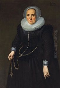 A Portrait Of A Lady, In A Black Dress With An Embroidered Bodice, Lace Cuffs And Collar, Holding A Large Gold Chain by Thomas De Keyser