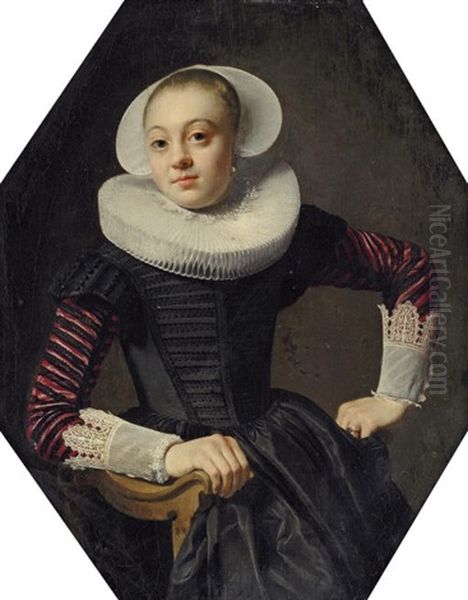 Portrait Of A Lady, In A Black Dress With Red Slashed Sleeves, Lace Cuffs And A Ruff - view 1