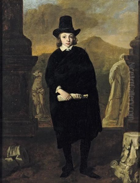Portrait Of A Young Man Standing Amongst Classical Sulpture, A Landscape Beyond - view 1