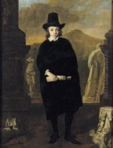 Portrait Of A Young Man Standing Amongst Classical Sulpture, A Landscape Beyond