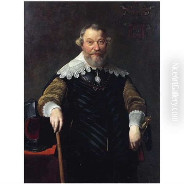 A Portrait Of Wembrich Van Berchem, Rear-admiral Of Holland And West-friesland, Standing, Wearing A Gorget And A Black Costume With Gold Sleeves, Next To A Table With A Helmet - view 1