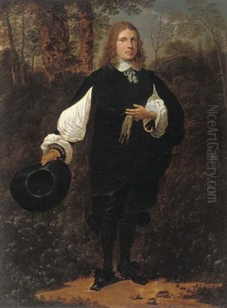 Portrait Of A Gentleman In A Black Costume With White Sleeves, Cuffs And Collar, Holding His Hat In His Right Hand And A Glove In His Left Hand by Thomas De Keyser