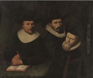 Portrait Of Three Gentlemen, Seated, Half-length, At A Table by Thomas De Keyser