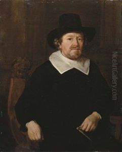Portrait Of A Gentleman In A Black Costume With White Collar And Black Hat, A Compass In His Left Hand