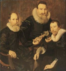 Group Portrait Of Three Gentlemen Seated In Black Costumes With Lace Collars And Cuffs by Thomas De Keyser