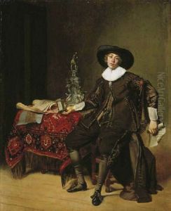 Portrait Of A Silversmith (christian Van Vianen?) In Brown Costume And A Black Hat Holding A Drawing And A Salt Cellar, At A Carpeted Table
