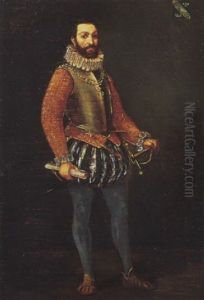 Portrait Of A Gentleman, Wearing A Gold Brocaded Tunic And Armour, His Left Hand Holding A Sword by Thomas De Keyser