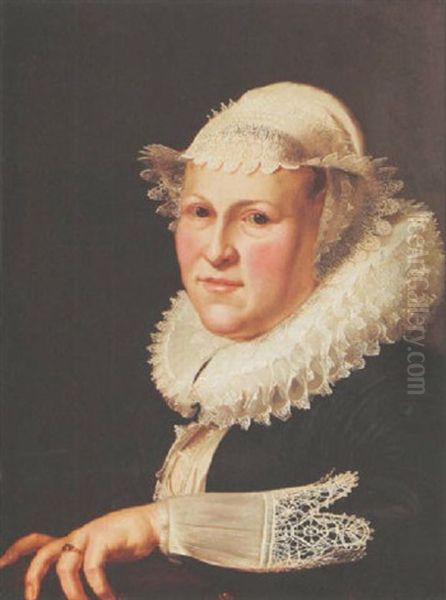 A Portrait Of A Lady Wearing A Black Dress With Lace Headdress, Cuffs And Collar, Leaning With Her Left Arm On A Ledge - view 1