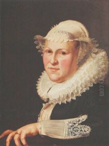 A Portrait Of A Lady Wearing A Black Dress With Lace Headdress, Cuffs And Collar, Leaning With Her Left Arm On A Ledge
