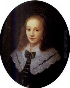 Portrait Of A Young Lady Wearing A Black Dress With Gold Brocade, A Lace Collar And Pearl Necklace by Thomas De Keyser