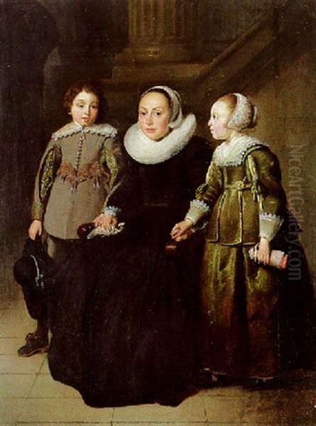 Portrait Of A Lady In A Black Dress With Her Son Holding A Hat And Her Daughter Holding A Doll - view 1