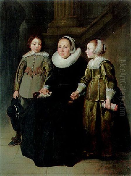 Portrait Of A Lady Seated In A Black Dress With Her Son And Daughter - view 1