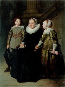 Portrait Of A Lady Seated In A Black Dress With Her Son And Daughter by Thomas De Keyser