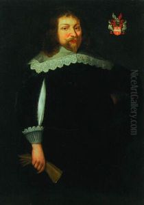 Portrait Of A Lady, Standing, In A Black Dress With Lace Collar, Holding Gloves by Thomas De Keyser