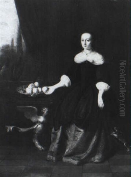 Portrait Of A Lady Beside A Table With Peaches In A Bowl - view 1