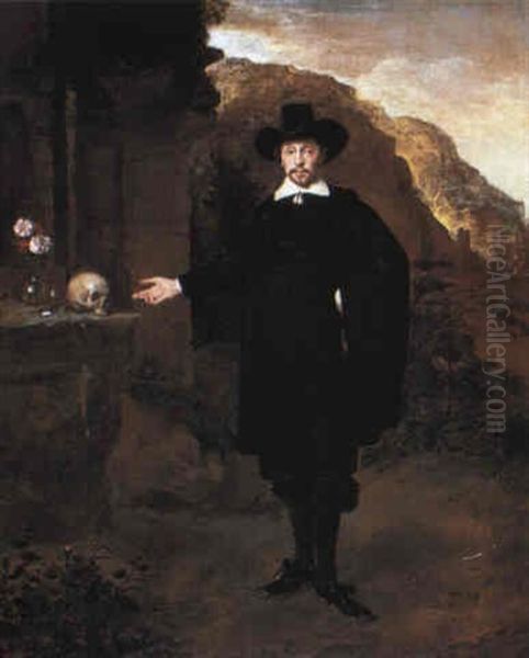 Portrait Of A Gentleman Gesturing Towards A Skull And Flowers - view 1