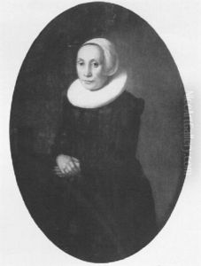 Portrait Of A Lady, Standing Small Three-quarter Length     Wearing A Black Costume With Awhite Ruff And A White Cap by Thomas De Keyser