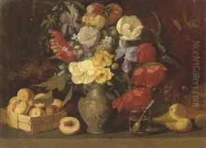 Still Life With Tulips, Carnations And Chrysanthemum In A Stoneware Jug With Peaches, Grapes And Pears On A Marble Ledge by Ivan Khrutsky