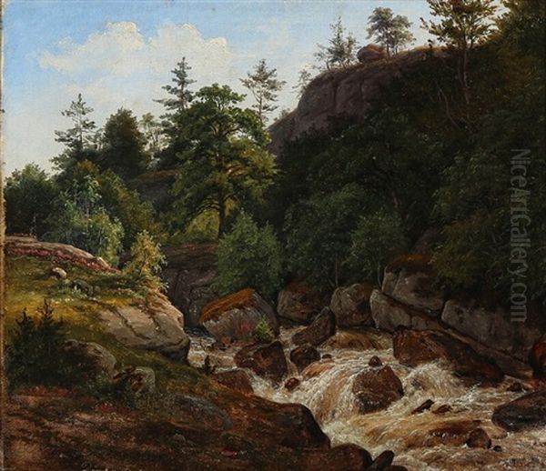 Sunlit Mountain Scenery With A Waterfall - view 1
