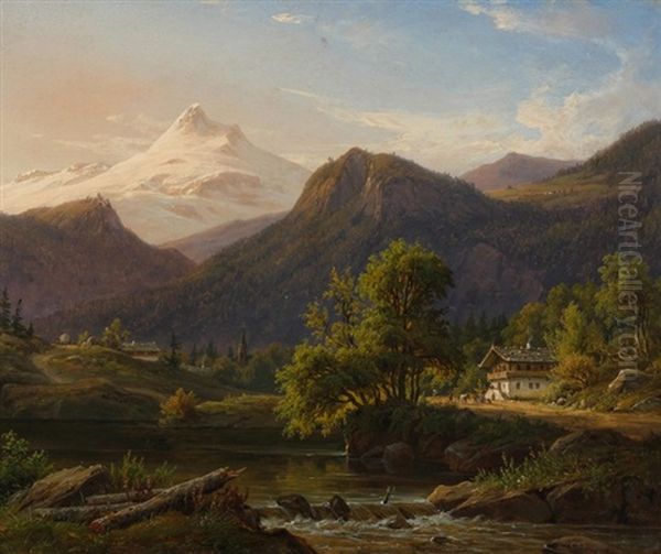 Gebirgslandschaft Im Vinschgau Mit Fluss Und Dorf Im Hintergrund - view 1