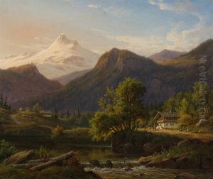 Gebirgslandschaft Im Vinschgau Mit Fluss Und Dorf Im Hintergrund