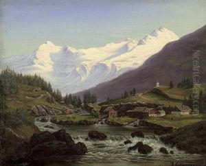 Alpine Landschaft Mit Kleinem Dorf Und Schneebedeckter Bergsilhouette by Frederik Christian Jacobsen Kiaerskou