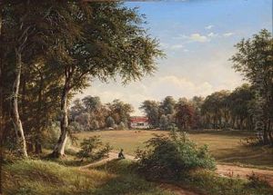 Danish Summer Landscape With A Young Man Sitting By A Roadside, In The Background A The Manor Brokso