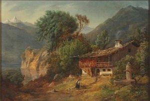 Mountain Landscape With Woman Near House by Frederik Christian Jacobsen Kiaerskou