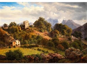 Sudalpine Landschaft Mit Zinnenbekrontem Rittergutturm Und Darunter Stehendem Bauerngehoft Mit Steinbelegtem Schindeldach