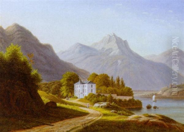 Slot I Sydlandsk Bjerglandskab Ved Flod, I Baggrunden Ruin - view 1