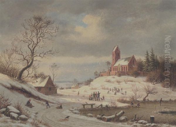 Vinterdag Med Born, Der Kaelker Og Lober Pa Skojter Ved En Hojtliggende Kirke (kregme Kirke?) - view 1