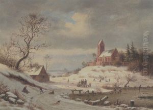 Vinterdag Med Born, Der Kaelker Og Lober Pa Skojter Ved En Hojtliggende Kirke (kregme Kirke?)