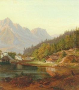 Alpelandskab Fra Tyrol Med Hytter Ved En So, I Baggrunden Bjerge