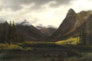 A View Of A Valley With Goats At The Edge Of A Lake And Houses In The Distance by Frederik Christian Jacobsen Kiaerskou