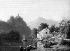 Gebirgslandschaft Mit See Und Einzelnem Segelboot by Frederik Christian Jacobsen Kiaerskou