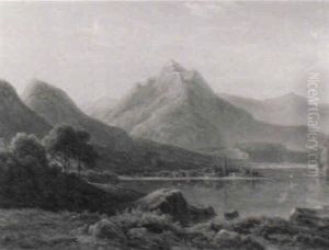 Gebirgssee Mit Einer Ortschaft Am Gegenuberliegenden Ufer by Frederik Christian Jacobsen Kiaerskou
